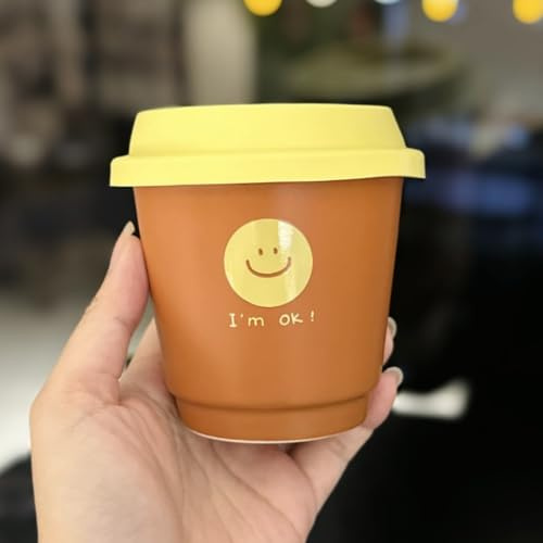 Hosoncovy 230ML Reusable Ceramic Coffee Cup with Silicone Lid Small Travel Coffee Mug Tea Cup (Brown)