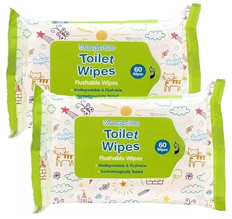Whoopie Doo Flushable & Biodegradable Toilet Wipes – Eco-Friendly, Dermatologically Tested, Gentle on Skin | 2 Packs (120 Wipes Total)