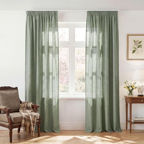 PONY DANCE Leinenoptik Gardinen Salbeigrün Vorhänge mit Kräuselband | 2er Set H245 x B140 cm, Lichtdurchlässig, Halbtransparent, für Schienensystem, Dekoration, für Wohnzimmer, Landhausstil