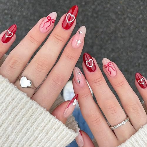 Red Press on Nails Almond - 24Pcs False Nails with Bow Heart Star Design - Acrylic Fake Nails with Glue Long Lasting - Removable Stick on Nails for Women Valentine's day
