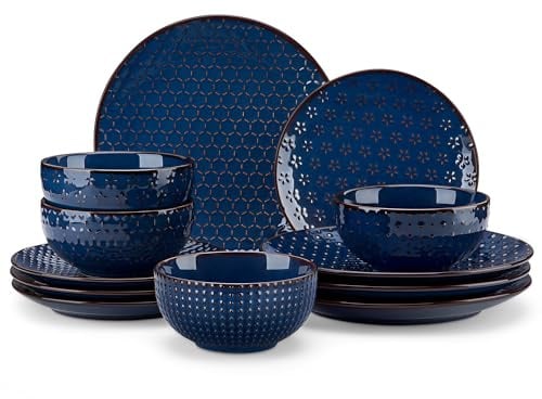 MALACASA 12 Pieces Dinnerware Sets, Farmhouse Plates and Bowls Sets, Embossed Blue Dish Set for 4, Vintage Relief Ceramic Dish Set, Chip-Resistant, Microwave and Dishwasher Safe, Series Lydia