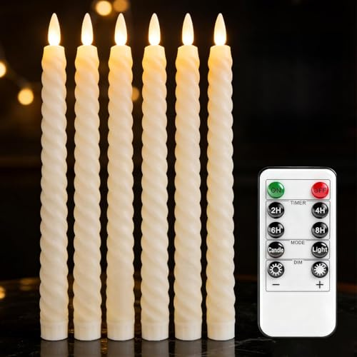 6 Pack LED Taper Candles,Flameless Electric Candlesticks with Remote Control and Timer,3D Wick LED Candles Flickering,Artificial Fake Candles for Home Wedding Table Decor (2.1*25.5 cm,Ivory Spiral)