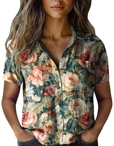 Uwdiohq Camicetta Casual Elegante con Scollo A V Camicia da Donna in Cotone Stampa, alla, Casual, Maniche Corte Maglia Maglietta Bianca Camicie Nera Blusa Manica Corta Estiva Lino Cravatta