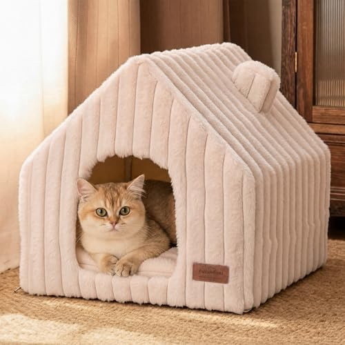 FUKUMARU Katzenbetten, Katzenhaus für drinnen aus weichem Kunstkaninchenfell, niedliche und waschbare Katzenhöhle in Grottenform mit herausnehmbarem Kissen, 44,5 cm, rosa-grau