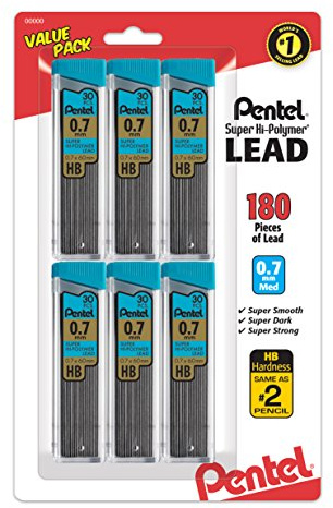 Pentel Super Hi-Polymer Refills, 0.7 mm Medium, HB, 180 Pieces of Lead (C27BPHB6)