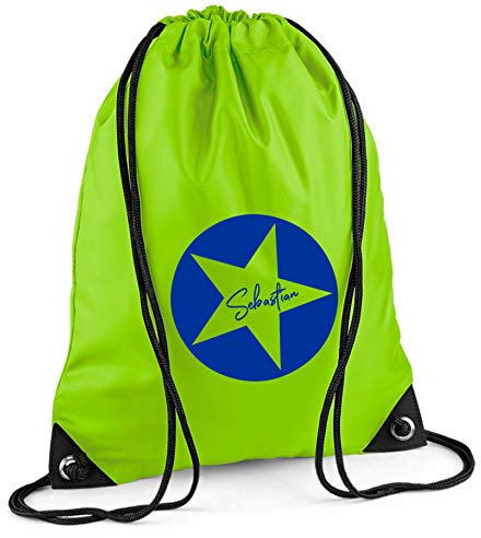 Turnbeutel mit Namen | Motiv Stern Sterne inkl. Namensdruck | personalisieren & bedrucken | Sportbeutel Schuhbeutel dunkel-blau für Jungen & Mädchen Kinder | Rucksack zum Zuziehen (limette)