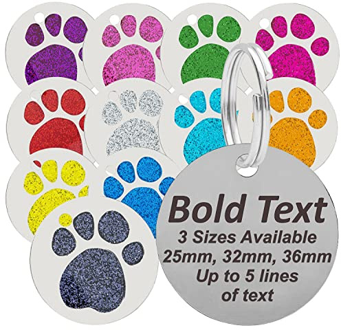 Personalised Engraved Round Glitter Paw Print Black Bold Lettering Dog/Cat Pet ID Tag Small/Large (Large - 32mm, Green)