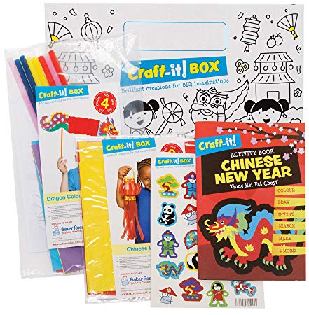 Baker Ross CBS015 Chinesisches Neujahrsfest - Bastelpackung für Kinder, zwei lustige kreative Kits, Aufkleber und ein Aktivitätsbuch für Jungen und Mädchen (evtl. nicht in deutscher Sprache)