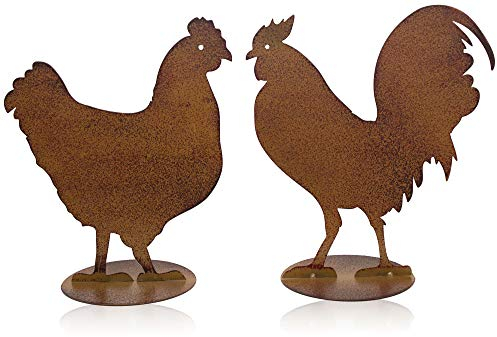B2S BACK2SEASON Henne & Hahn auf Platte Metall Rostoptik Hühner Deko Tierfigur 2er Set