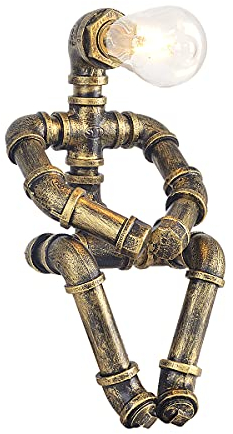 Kaj Hejmo Water Pipe Table Lamp Robot Style- Retro Industrial Steampunk Rustic Table Light- Vintage Farmhouse Desk Lamp for Bedroom,Office, Bedside, Nightstand, Baror or Shop (Bronze-Style B)