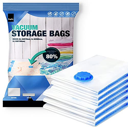 KEPLIN Vacuum Storage Bags | Maximise Space and Store Clothes, Bedding, Towels, Duvet & Pillow | Space Saver Air Suction Bag with Secure Double Zip + Valve | 6 Pack Multipack