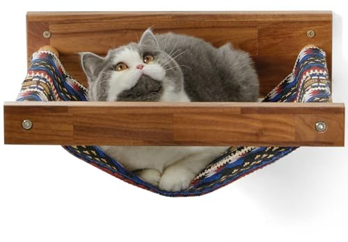 FUKUMARU Hamaca para Gatos montada en la Pared, Estante Grande para Gatos, Camas y Perchas Modernas, Muebles de Gatitos de Primera Calidad para Dormir, Jugar, Escalar y Descansar, Madera de Nogal con
