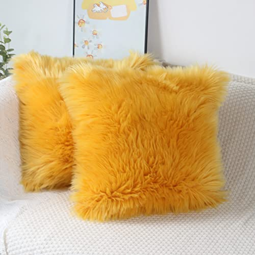 OYIMUA 2 Pcs Weicher Zierkissenbezüge Deko Kissen Schaffell Lammfell Kunstfell Langhaar Zierkissen Kissenbezug Fellimitat Sofakissen Cuddly Kissen (Gelb, 45 x 45 cm)