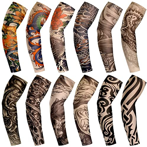 BBTO 12 Stück Tattoo Ärmel Set Arm Sleeves Kühlung Gefälschte Sonnencreme Armlinge Für Damen und Herren (Schickes Muster)