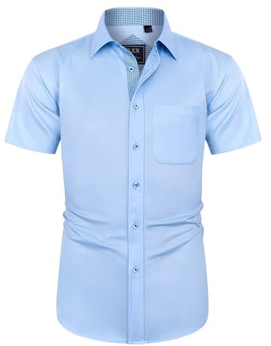 J.VER Men's Short Sleeve Dress Shirt Regular Fit Casual Formal Shirt Button Down Wedding Business Work Office Stretch Non Iron Blue L