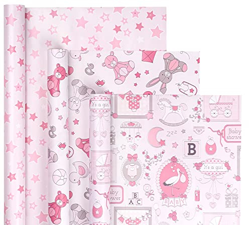 Holijolly Rosa Geschenkpapier Rolle - Bär Spielzeug/Ballon, Baby/Stern Druck für Baby Dusche, Mädchen- 43x305cm x 3 Rollen (43.77 sq.ft.TTL.)