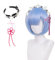 Rem-Perücke mit Stirnband, X-Nadeln, Blumenschleife, Anime-Rem-Cosplay-Perücke, kurze blaue Bob-Perücke für Damen und Mädchen