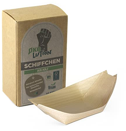 Ökolution Holzschiffchen aus Kiefernholz natur, 10 Stück, ca. 10 x 5 cm, für kalte und warme Speisen, aus nachhaltigem FSC-Holz, umweltfreundliche Verpackung