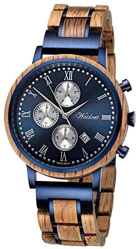 Waidzeit SB01W Whisky Swiss Mountain Navy Uhr Herrenuhr Holz Chrono Datum braun