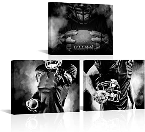 RnnJoile 3-teiliges Sport-Leinwand-Wandkunst, schwarz-weiß, American Football, Rugby-Malerei, Poster, Fitnessstudio, gerahmt, für Zuhause, Büro, Geschenk für Sportfan, 30.5x40.6 cm (klein)
