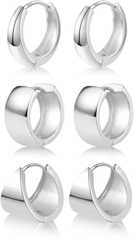 Silber Creolen Set Damen - 3 Paar Multipack 925 Kleine Knorpel Kreolen Huggie Oval Klobig Leicht Breit Chunky Ohrringe Mini
