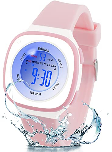 Edillas Kinderuhr Digital Mädchen Jungen,7 Farben Licht Armbanduhr für Kinder wasserdichte Sport Outdoor Multifunktionale digital Uhren mit Stoppuhr/Alarm Alter 4-15(Rosa)