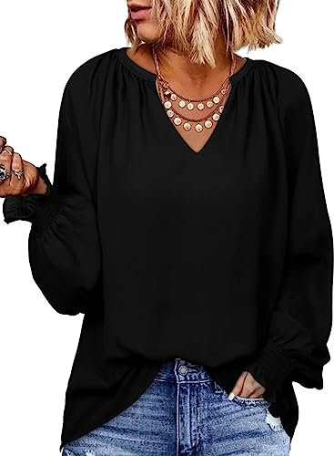 Dokotoo Womens Blouses Smocked Puff Long Sleeve Women‘s Shirts V Neck Casual Chiffon Ladies Tops Black M UK 10 12