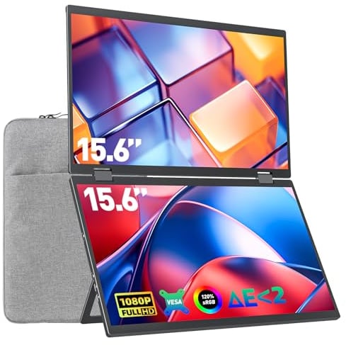 Upperizon Laptop Screen Extender 15.6 Inch 1080P 360° Foldable Dual Monitors 120% sRGB ΔE<2 HDMI USB-C Stacked Triple Portable Monitor for Laptop PC Windows Mac with Kickstand VESA Mountable
