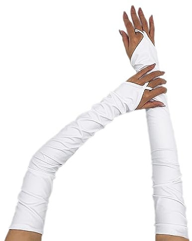 Lackleder Lange 55cm Handschuhe Fingerlose Handschuhe Damen Sexy Beschichtete Handschuhe Hakenfingerhandschuhe Abendhandschuhe für Hochzeit Abschlussball Teeparty Kleidungs Zubehör,Weiß