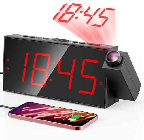 Digital Projection Alarm Clocks for Bedrooms - Large LED Display, 180° Rotatable Projector, 5-Level Dimmer,USB Charger,Battery Backup,Loud Dual Alarms for Kids Elderly,Heavy Sleepers,Snooze,12/24H,DST