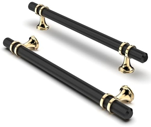 FURNIWARE Pack of 10 Cabinet Handles, Knurled Cabinet Pulls Hardware Drawer Pulls, Kitchen Cabinet Door Handles Pull, 160mm(6.3 Inch) Hole Center Gold + Black