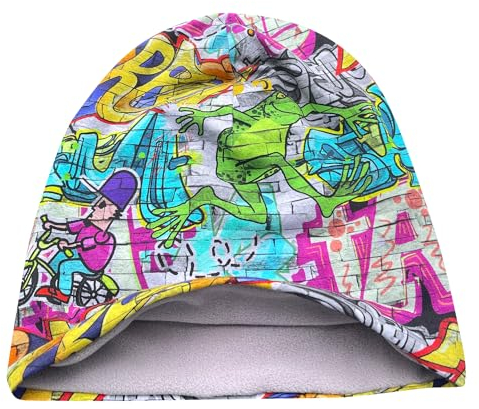 Wollhuhn Öko Warme Winter Jungen/Mädchen/Kinder Long Beanie Mütze Mit Fleecefutter Versch. Motive (aus Öko-Stoffen, Bio) 20220666 (Graffiti Grau/Bunt, M)