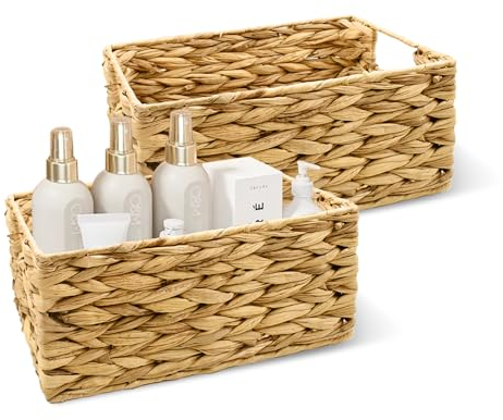 2 Stück Korb Aufbewahrung geflochten aus Wasserhyazinthe Aufbewahrungskorb Rattankorb Ablagekorb Schrankkorb für Badezimmer Wohnzimmer Küche Deko 35x25x17cm, 30x20x14cm
