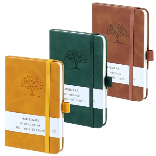 HOMEMARS Notizbuch A6, 3 Stück Notizbücher Set, 14.4cm x 9.6cm Notizblock, Braun, Gelb, Grün, 192 Seiten, Notizheft, Notizblock a6, Journal, Reisetagebuch, Notizbuch Leder, Prägebaum Design