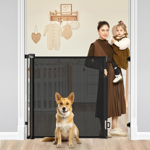 42 Tall X 60 Wide Retractable Baby Gates Extra Tall Pet Gate for Doorways Tall Dog Gate for Kids and Pets Extra Tall Cat Gate for Hallway Adjustable Mesh Gate Indoor Outdoor (Black)