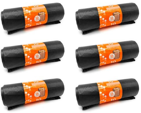 Tradineur Lot de 6 rouleaux de 10 sacs poubelles en plastique recyclé, résistants et anti-fuites, écologiques, recyclables, adaptés pour poubelles Noir 85 x 105 cm Total 60 pièces