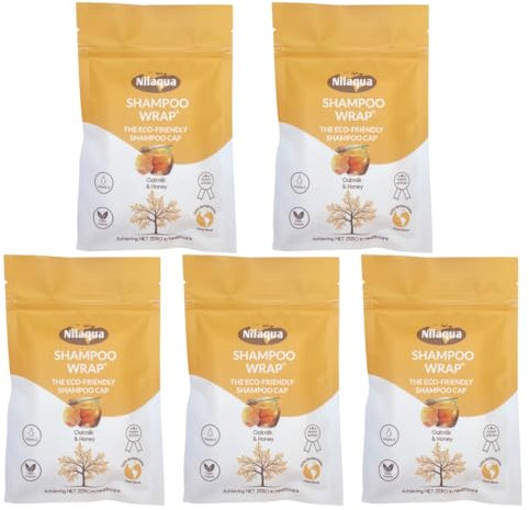 Nilaqua No Rinse Shampoo Cap - World's First Biodegradable Bamboo Wrap With Oatmilk & Honey Fragrance - 5 Pack