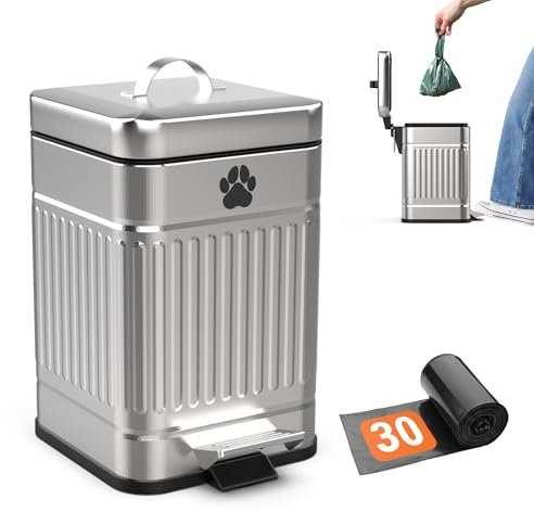 Pupzle Small Dog Poop Trash Can Outside, 1.3 Gal Metal Dog Waste Trash Can, Small Poop Bucket Outdoor with Lid, Pet Waste Container, Poo Container Bin Waterproof Backyard Odor Control, 30 Bags