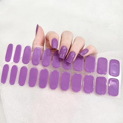 Semi Cured Gel Nail Polish Strips, 22Pcs Self-Adhesive Gel Nail Stickers, Solid Color Long Lasting Full Nail Wraps Salon-Quality French Manicure Stickers Set for Women Girls Kids Nail Art - Purple