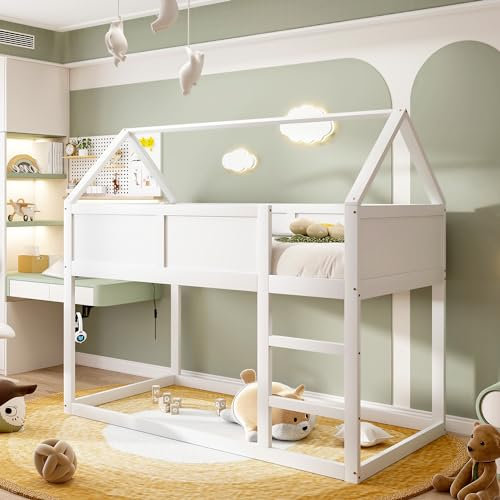 Merax Etagenbett 90 x 200 cm, multifunktionales Hochbett für Kinder, Hütte mit Treppen, Massivholz, Weiß (ohne Matratze)