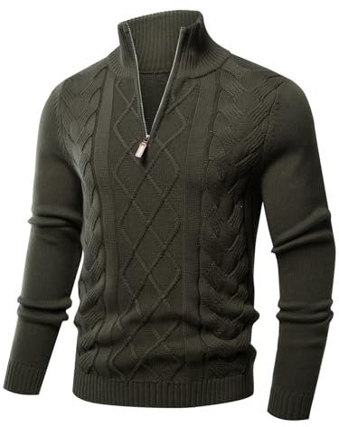Les umes Mens Quarter Zip Sweater Cotton Mock Neck Pullover Sweaters Warm Long Sleeve Cable Knitted Jumper Green XL
