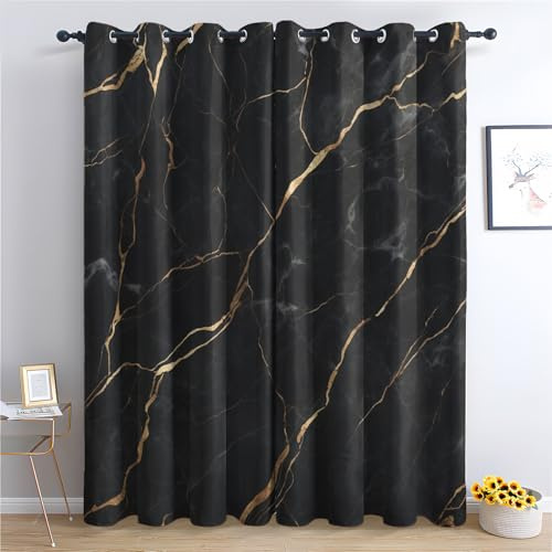 SZLYZM Vorhänge Abstrakt Marmor, Verdunkelungsvorhang 2er Set - Vorhang Blickdicht Schwarz Gold Muster, Thermovorhang für Deko Wohnzimmer Schlafzimmer, Gardinen mit Ösen 220x140 cm (HxB)