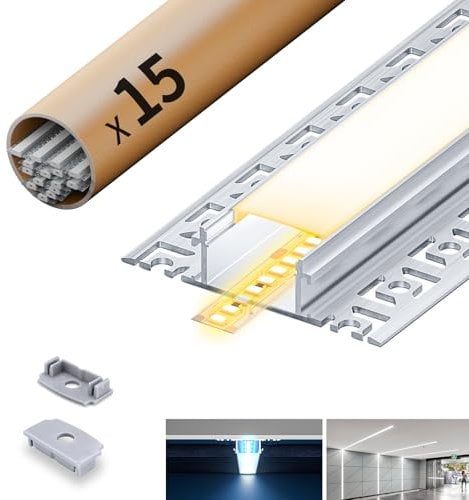 HOOLED Profilé Alu pour Ruban LED 15 x 2m, Profilé LED Encastrable Tailles 24,4mm (ailettes 61,8mm) x 12,5mm, Largeur intérieure du profilé 20,2 mm, Avec couvercle opaque mat en PC