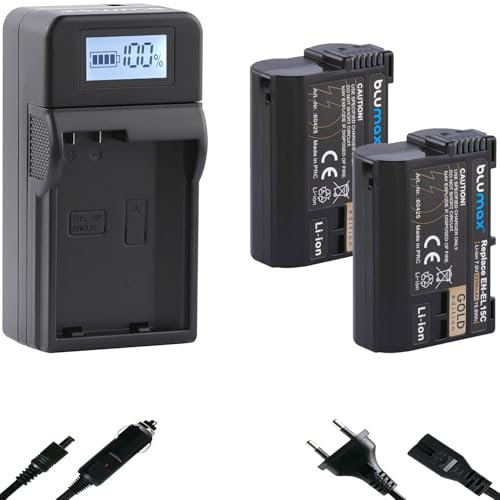 2 x Blumax Battery Replacement for Nikon EN-EL15c [2250 mAh] + Speed Charger EN-EL15b EN-EL15a EN-EL15 for -/- D800 D850 D7200 D7500 Z8 Z7 II Z6 III Z5 Zf