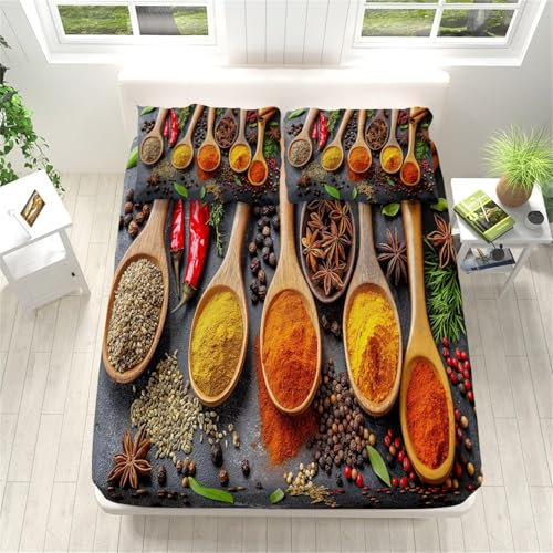 Küchengewürze Spannbettlaken 120x200 cm, Chili Mikrofaser Bettlaken für Kinder Erwachsene, Bettlaken Spannbetttuch 120 x 200 für Matratze bis 30 cm Höhe Mit 1 x Kissenbezügen P858