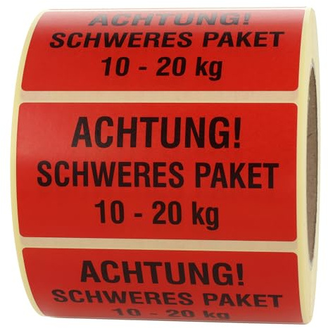 Labelident Warnetiketten 100 x 50 mm - Schweres Paket Aufkleber Achtung! Schweres Paket 10 kg bis 20 kg - 1.000 Versandaufkleber auf 1 Rollen, Papier selbstklebend