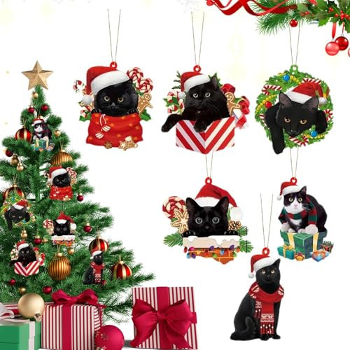 yupeuooe Weihnachts-Katzenornamente,Schwarze Katze-Weihnachtsornamente,6-teilige Acryl-Weihnachtsbaumbehänge, Dekorationen, Schwarze Katze, Ornament - Christbaumschmuck, weihnachtliche