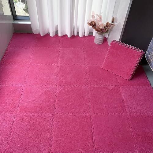 LXXW Plush Floor Tiles Mat 50 Plush Puzzle Foam Floor Mat, Interlocking Foam Floor Mat, Soft Fluffy Square Foam Puzzle Rug, Jigsaw Floor Mat Interlocking carpet tiles(Rose Red)