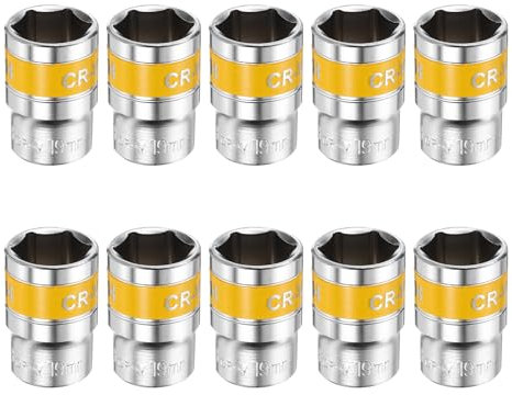 sourcing map 10pcs 1/2 Drive 6 Points Socket 19mm Metric Shallow Impact Socket CR-V Steel Flip Socket Spindle Axle Nut Impact Socket for Home Auto Hex Nuts Bolts Repair, Silver Yellow