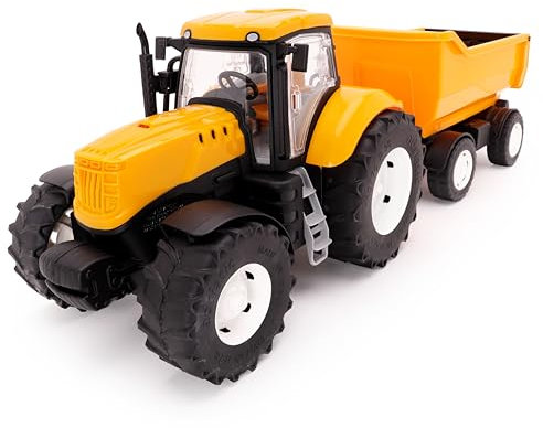 Toyland® 58cm (23) Yellow Tractor & Trailer With Opening Doors & Lifting Trailer - 1:16 Scale - Toy Farming Vehicles Indoor & Outdoor